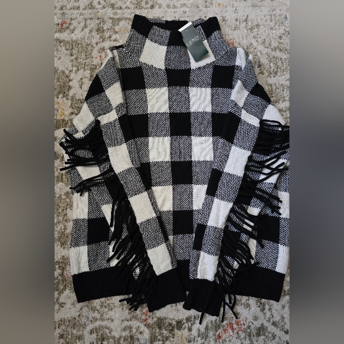 Ralph Lauren Women Buffalo Check Fringe Pullover Sweater-Black & White Sz L-Nwt